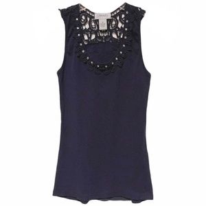 Carmen Marc Valvo Jeweled Crochet Lace Tank Top